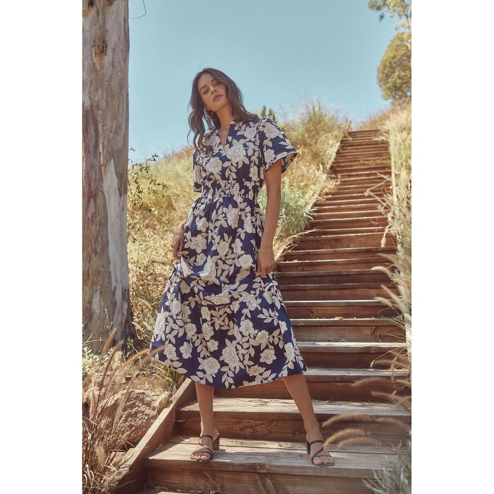 Baltic Born Vera Maxi Dress in Navy Floral Short Sleeve 100% Cotton / Size XL - Picture 16 of 16
